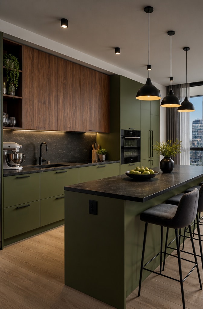Olive Green and Walnut Contemporary Cabinets