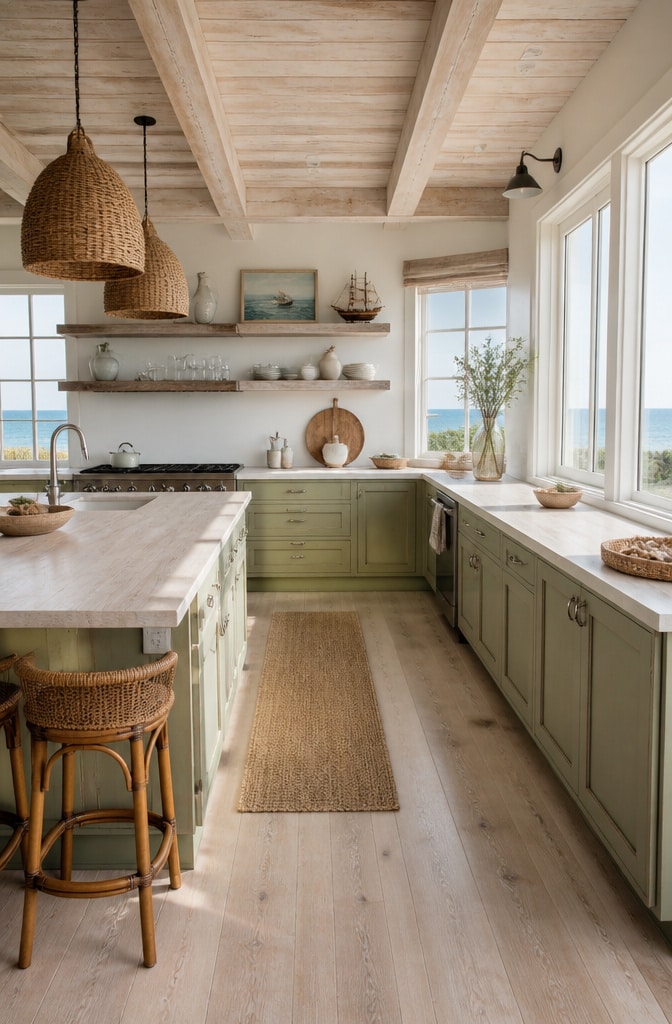 Olive Green Coastal Beach House Cabinets