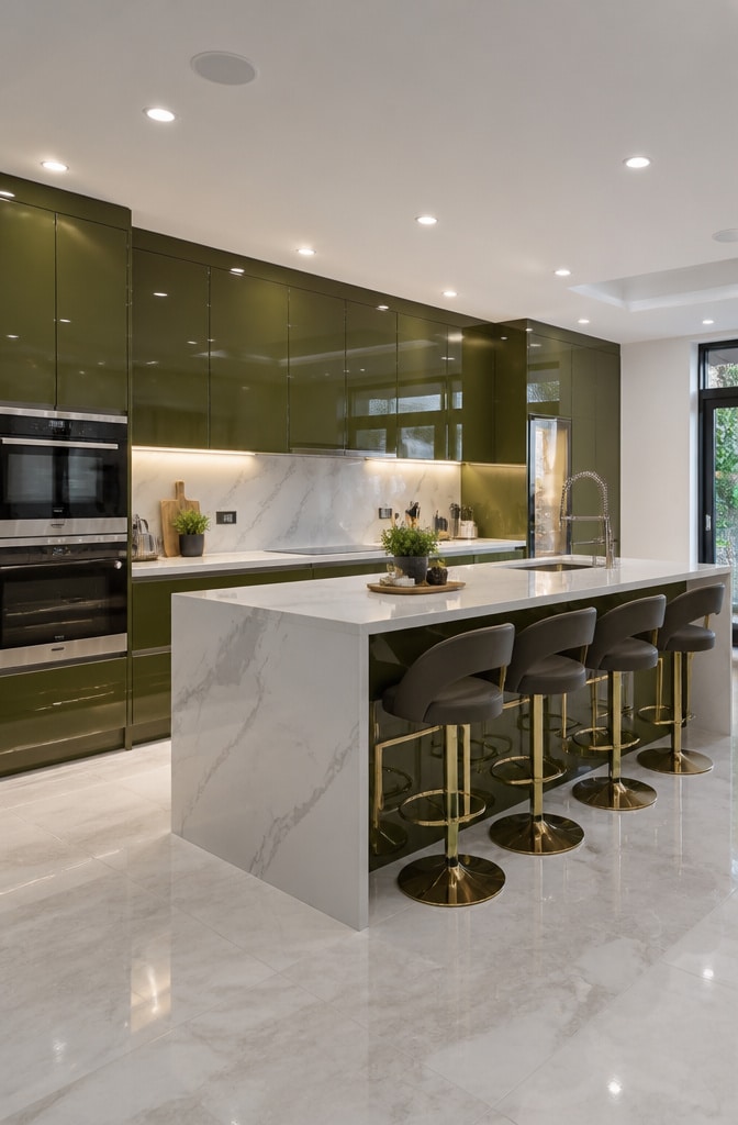 Olive Green Glossy Cabinets with Marble Accents