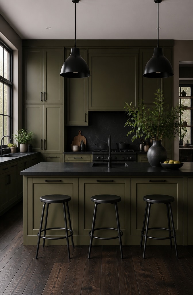 Olive Green Matte Cabinets with Black Accents