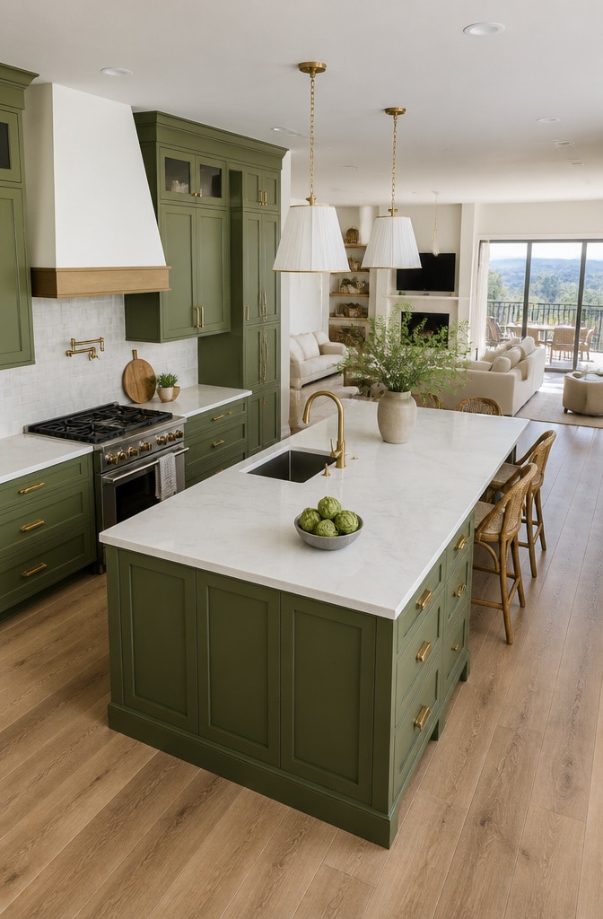 Olive Green Open-Concept Kitchen Cabinets