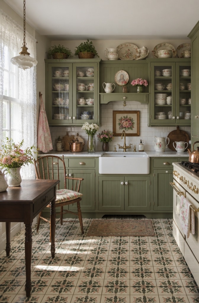 Olive Green Vintage Cottage Cabinets