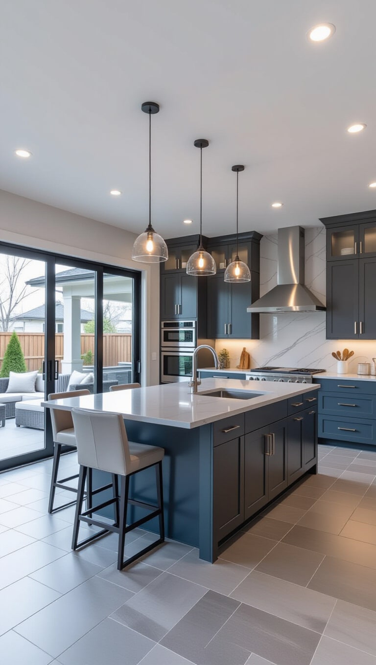 Open-Concept Blue and Gray Kitchen