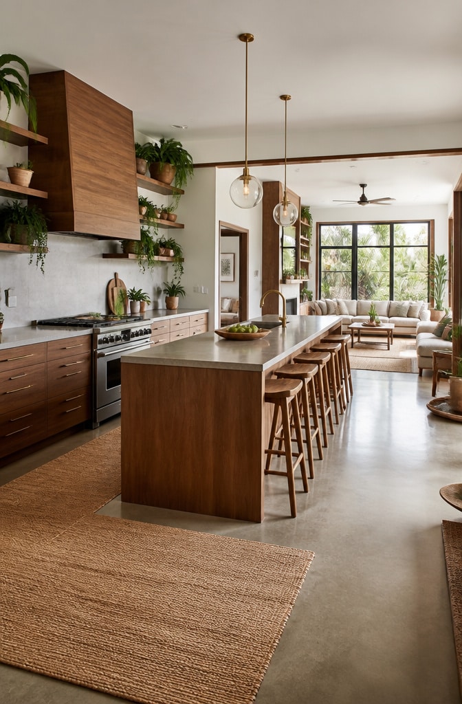 Open-Concept Brown Wood Kitchen with Greenery