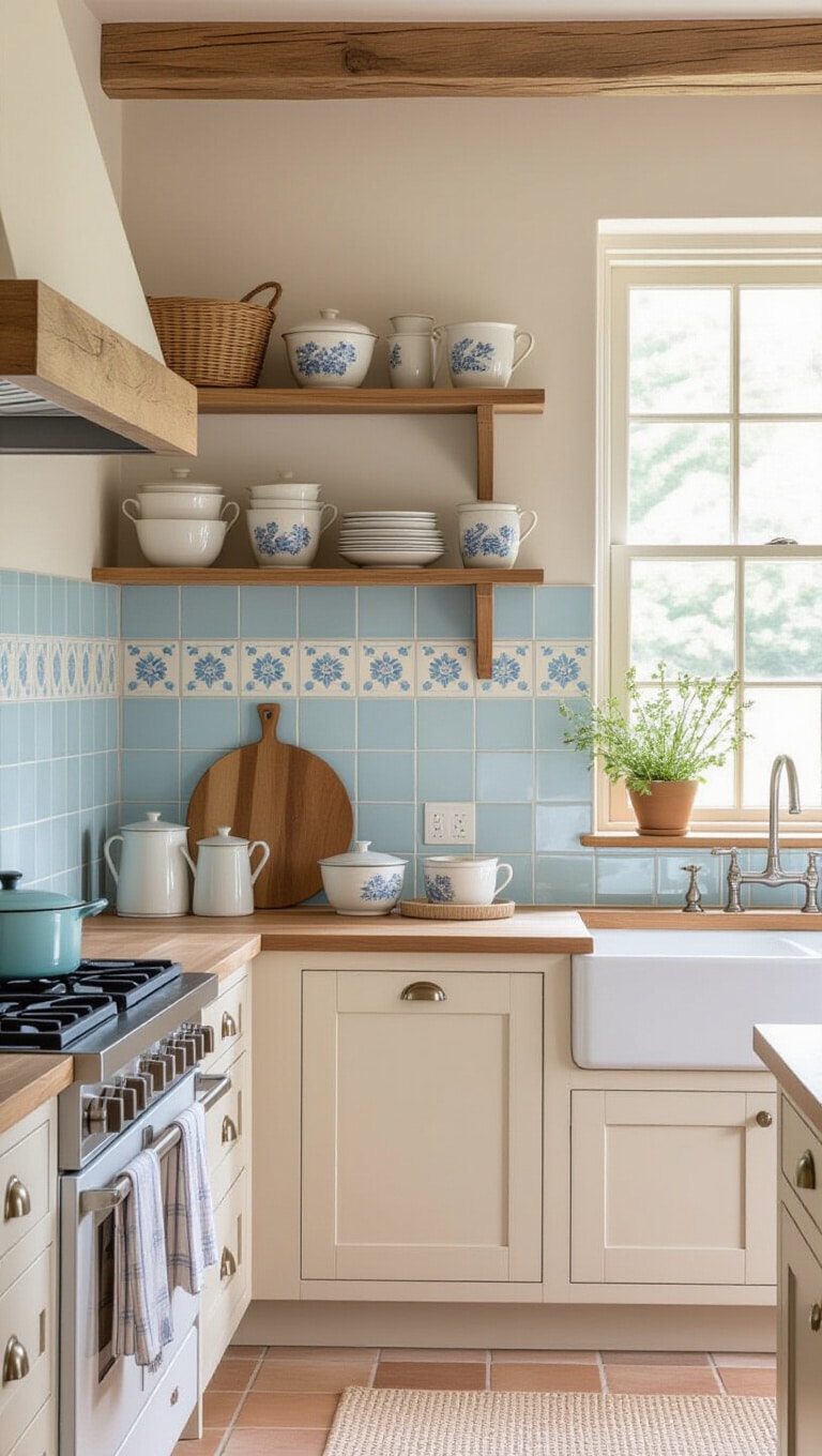 Pastel Blue Vintage Farmhouse Kitchen Tiles