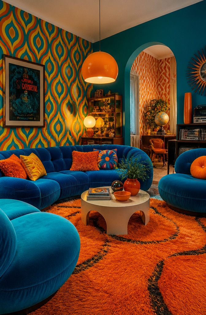 Retro 70s Blue Velvet Living Room
