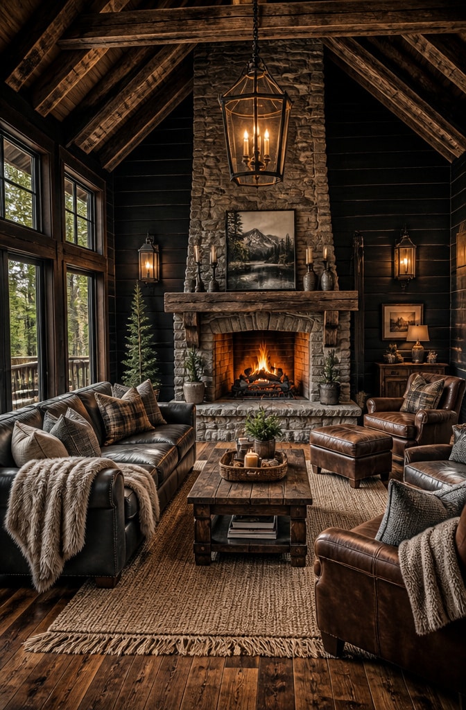 Rustic Black and Brown Cozy Cabin Living Room