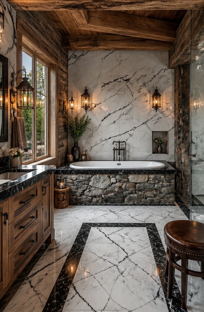 Rustic Black and White Marble Bathroom Retreat