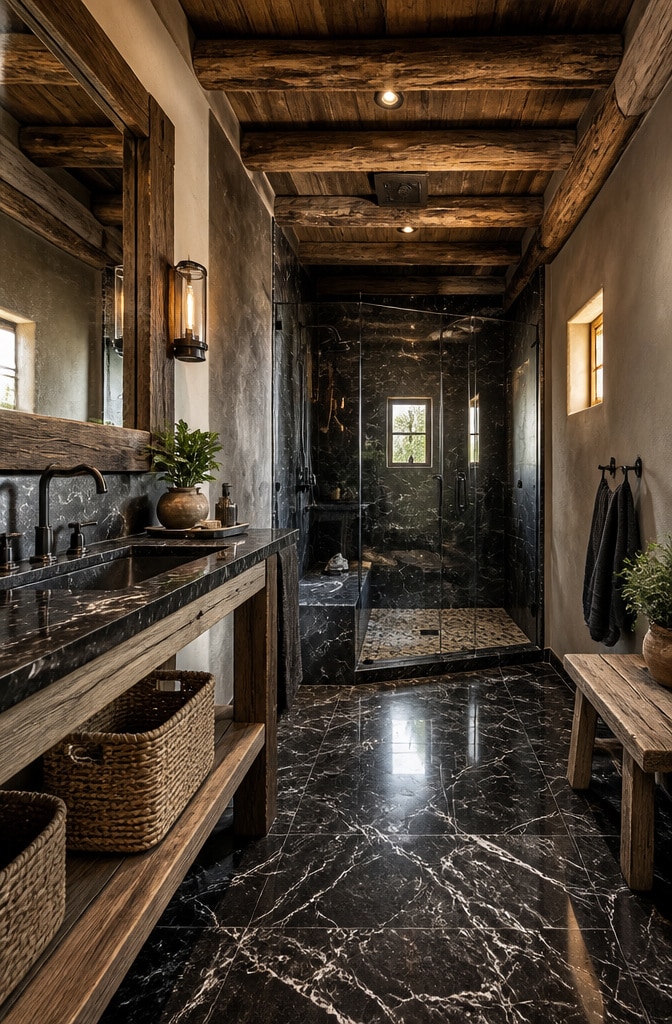 Rustic Black Marble Bathroom with Nature Touches