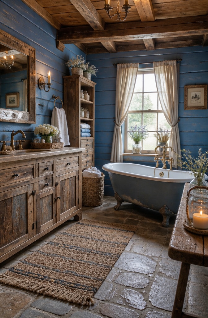 Rustic Blue and Brown Farmhouse Bathroom