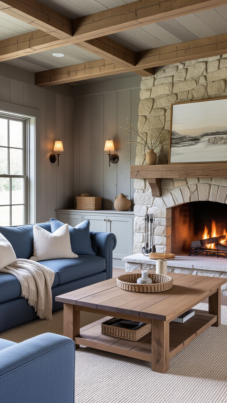 Rustic Blue and Gray Farmhouse Living Room