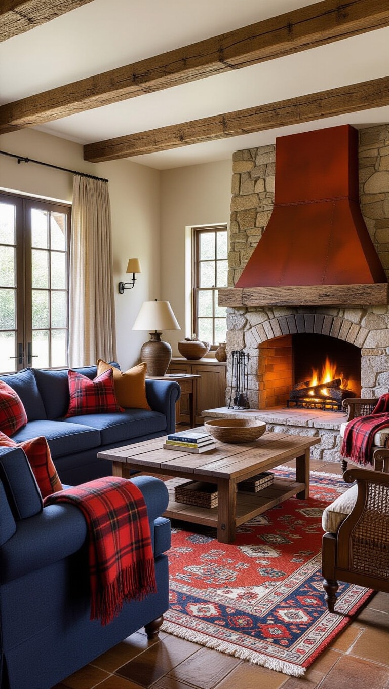 Rustic Blue and Rust Farmhouse Living Room