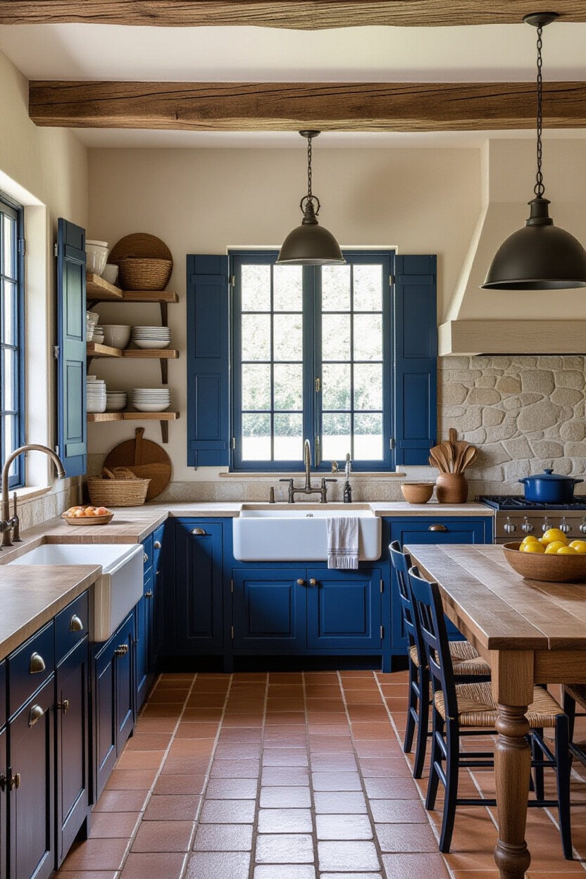 Rustic Blue French Country Kitchen with Stone Accents