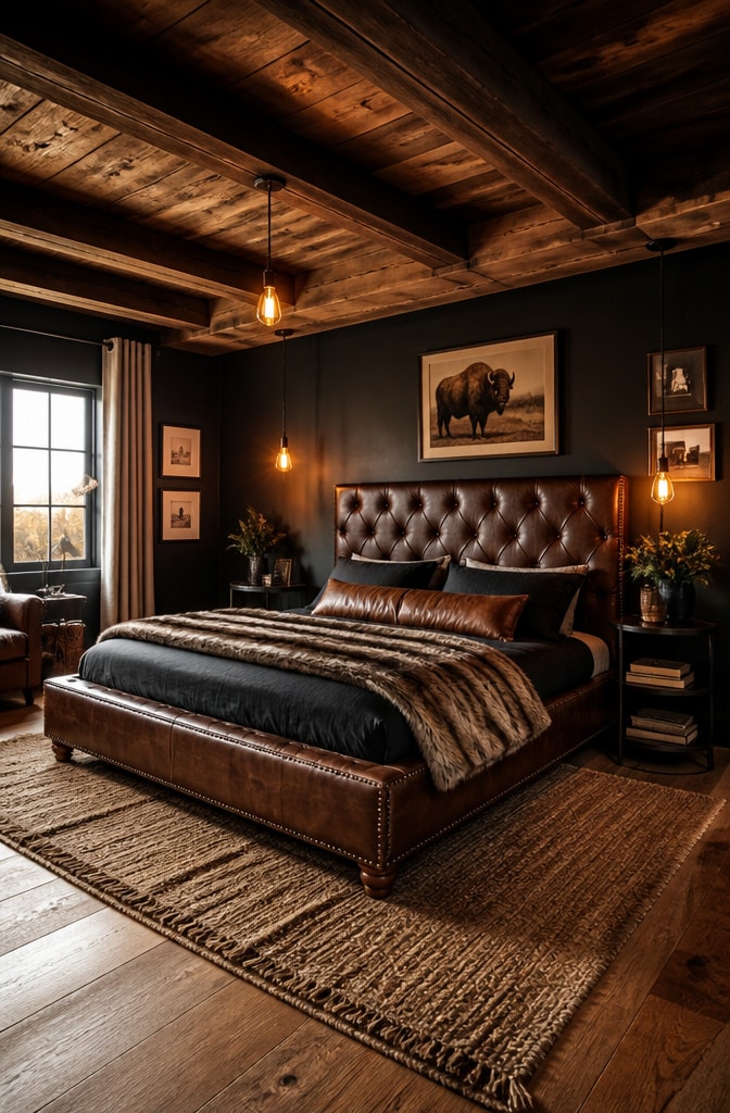 Rustic Brown Leather and Black Iron Bedroom