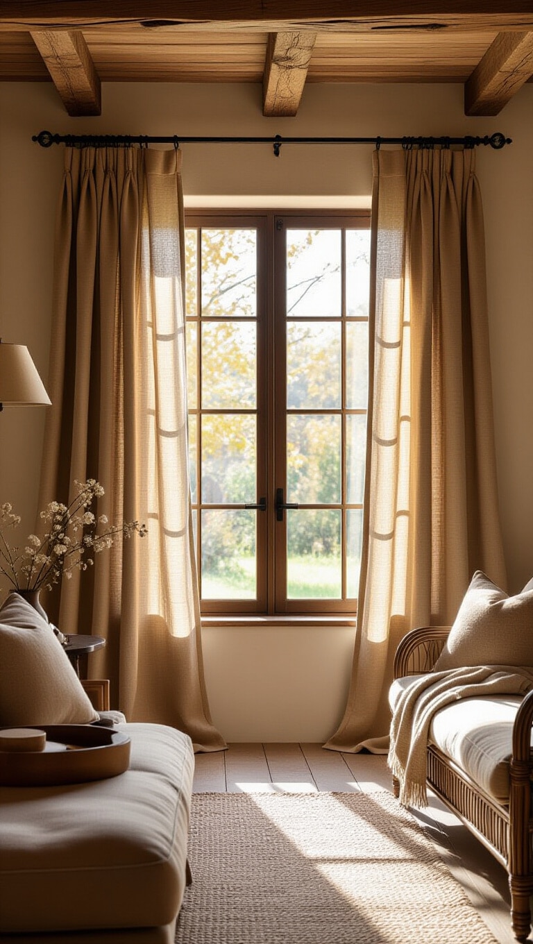 Rustic Brown Linen Curtains Living Room