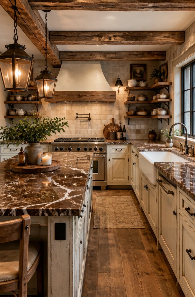 Rustic Brown Marble Farmhouse Kitchen