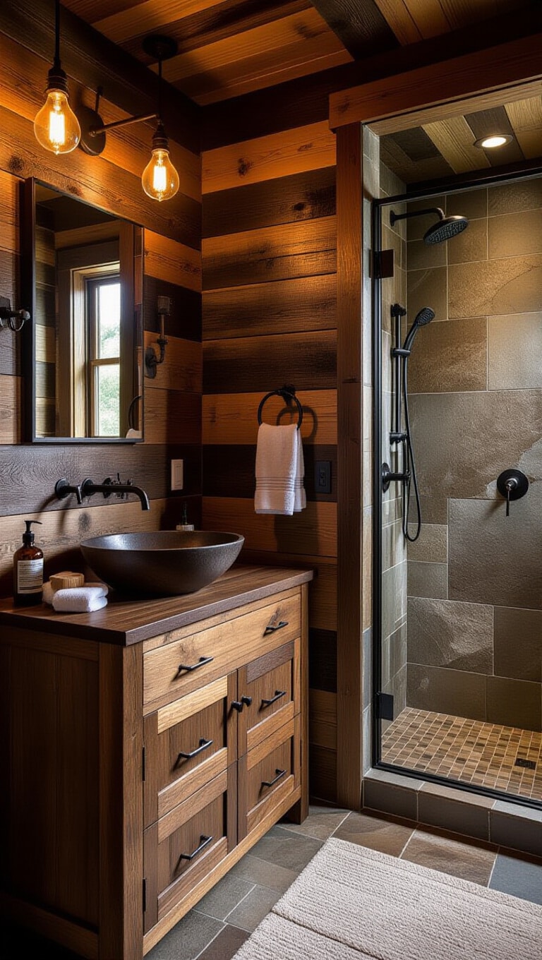 Rustic Brown Wood and Black Iron Bathroom