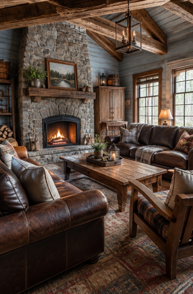 Rustic Cabin Light Blue and Deep Brown Living Room