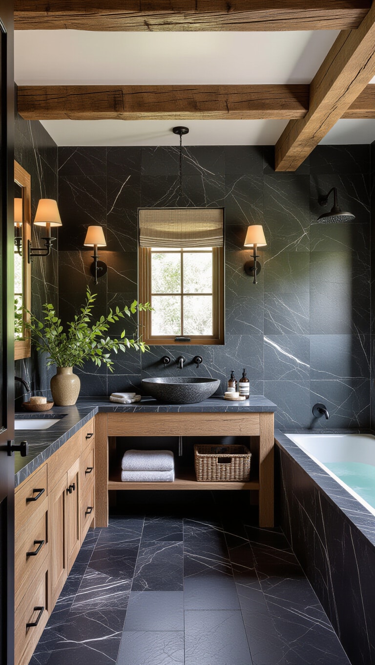 Rustic Dark Marble Bathroom with Earthy Elements