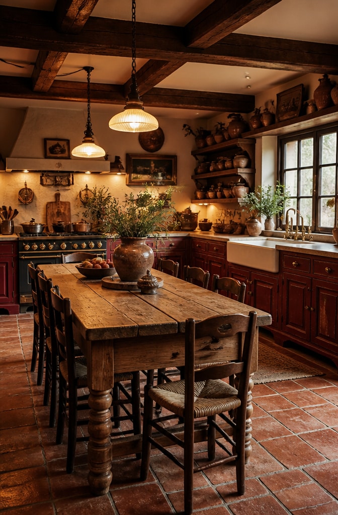 Rustic Dark Red Farmhouse Kitchen