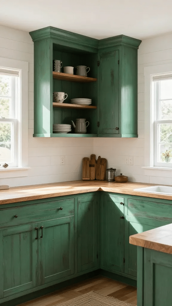 Rustic Emerald Green Farmhouse Cabinets