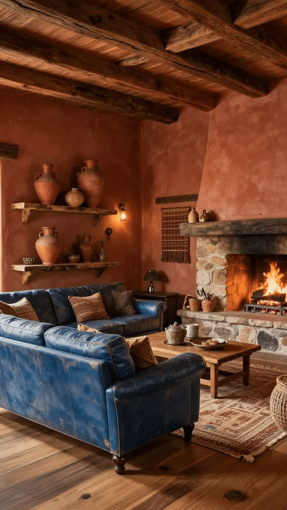 Rustic Farmhouse Blue and Terracotta Living Room