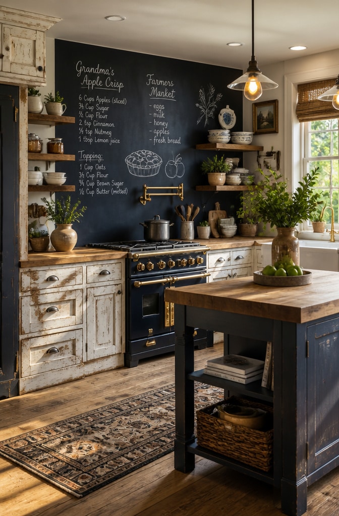 Rustic Farmhouse Blue Chalkboard Backsplash Kitchen