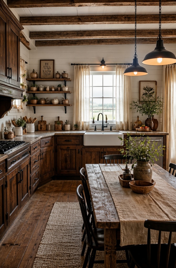 Rustic Farmhouse Dark Brown and White Kitchen