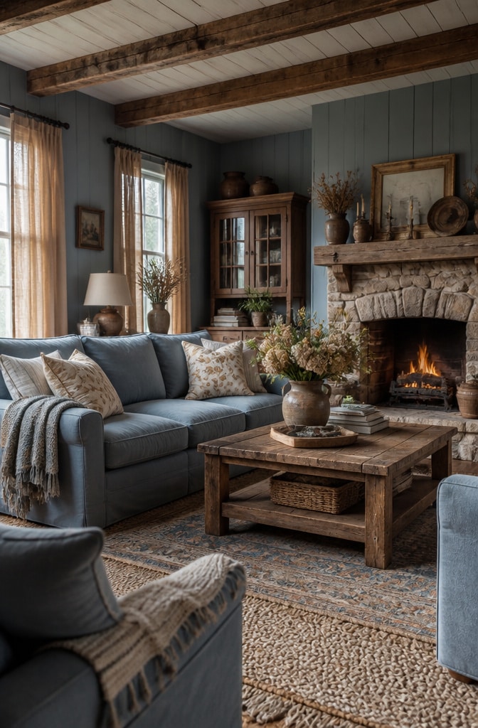 Rustic Farmhouse Dusty Blue Living Room