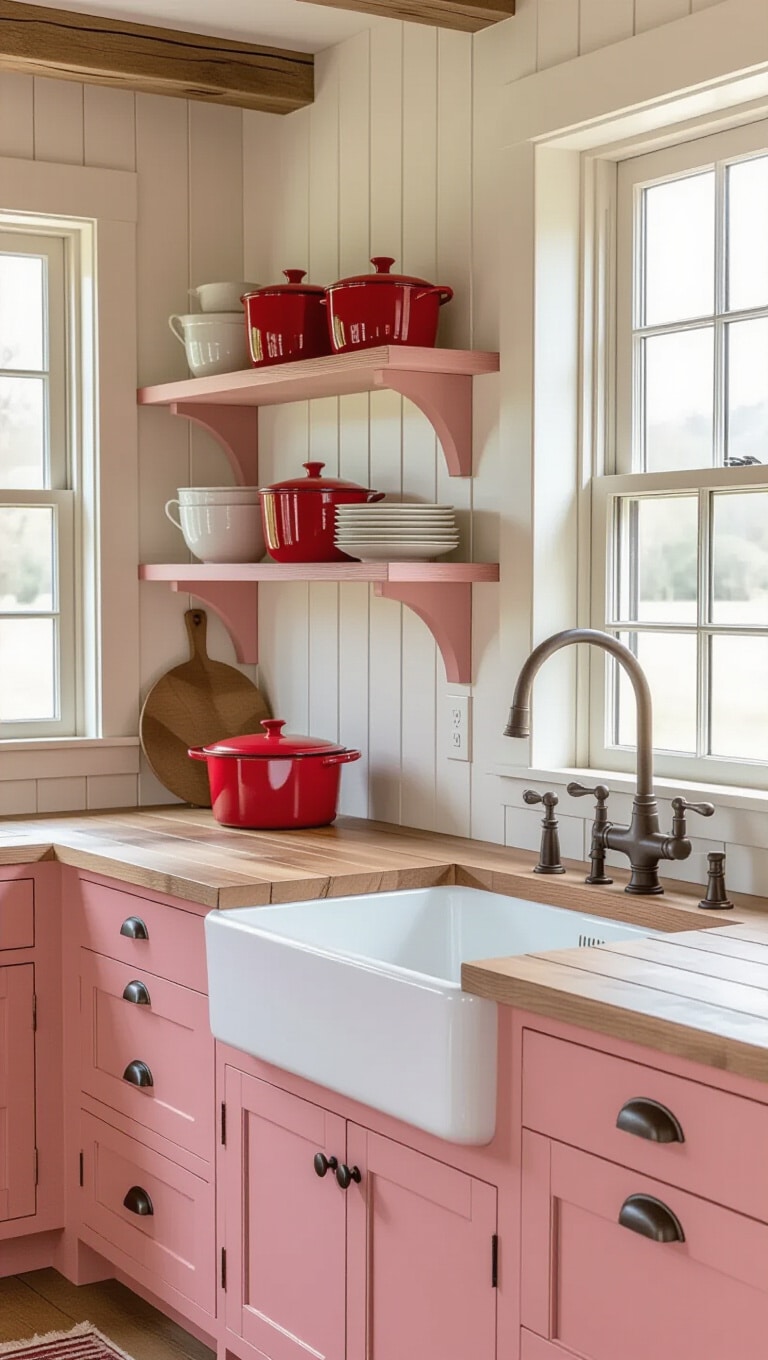 Rustic Farmhouse Pink and Red Kitchen
