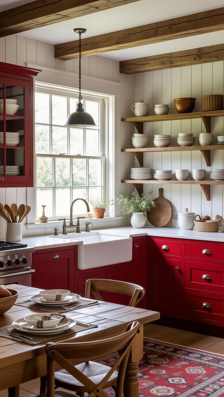 Rustic Farmhouse Red and White Kitchen