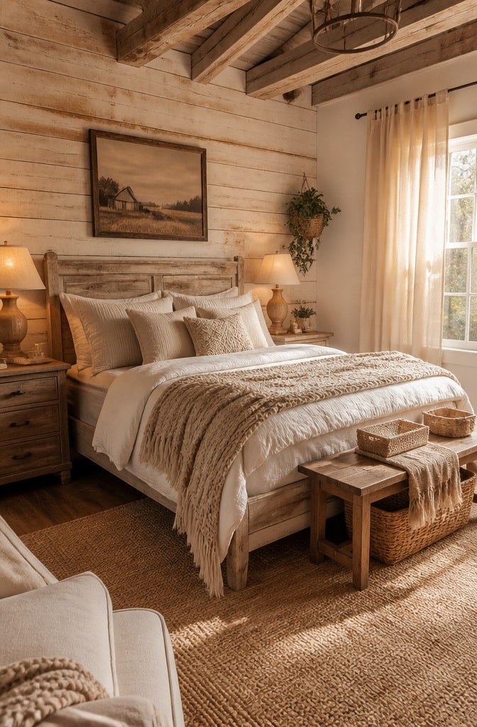 Rustic Farmhouse White and Beige Bedroom