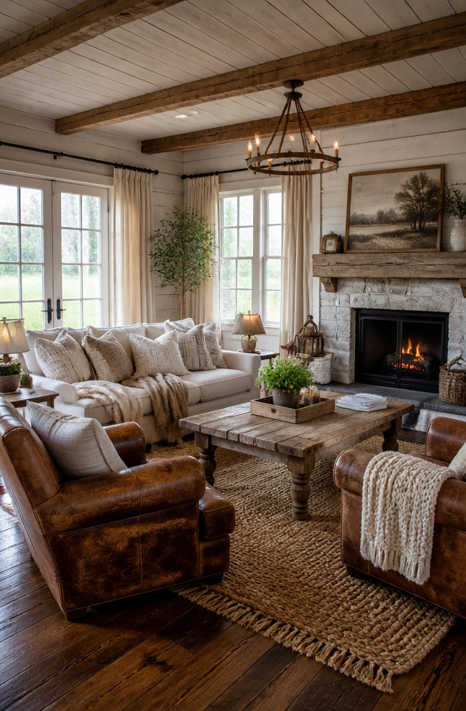 Rustic Farmhouse White and Brown Living Room