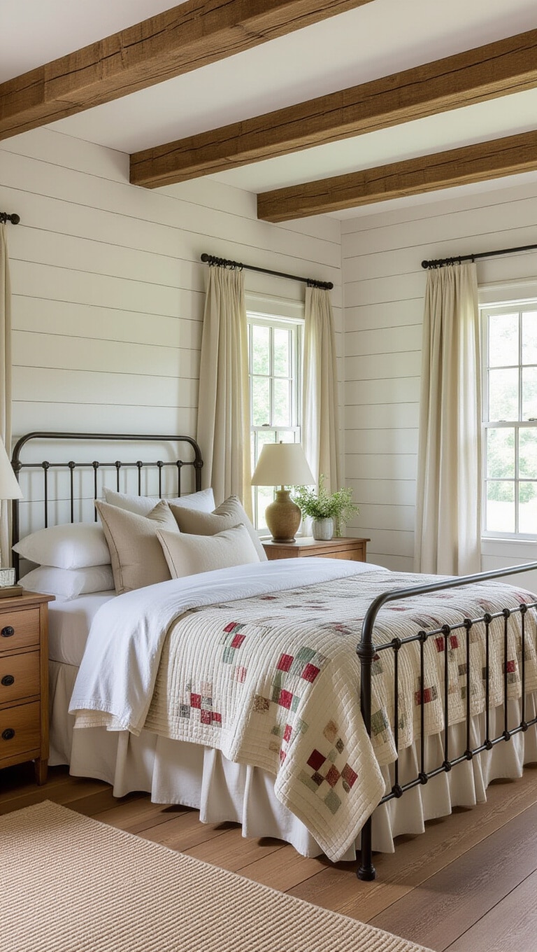 Rustic Farmhouse White Wall Bedroom