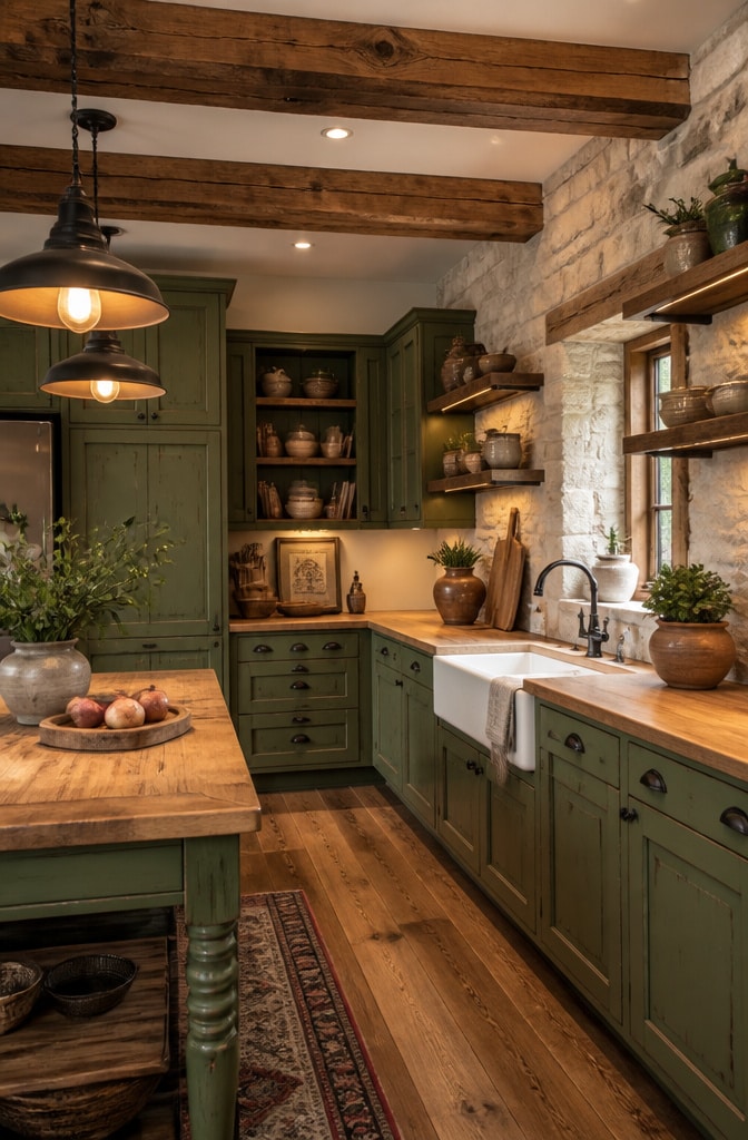 Rustic Olive Green Farmhouse Cabinets