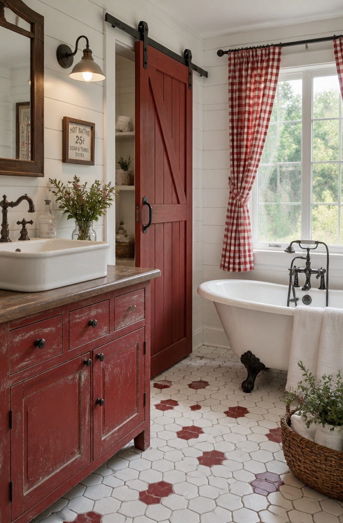 Rustic Red and White Farmhouse Bathroom
