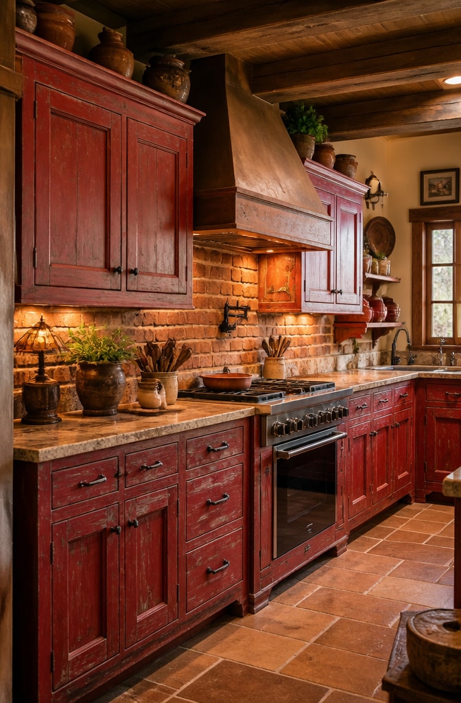 Rustic Red Distressed Kitchen Cabinets