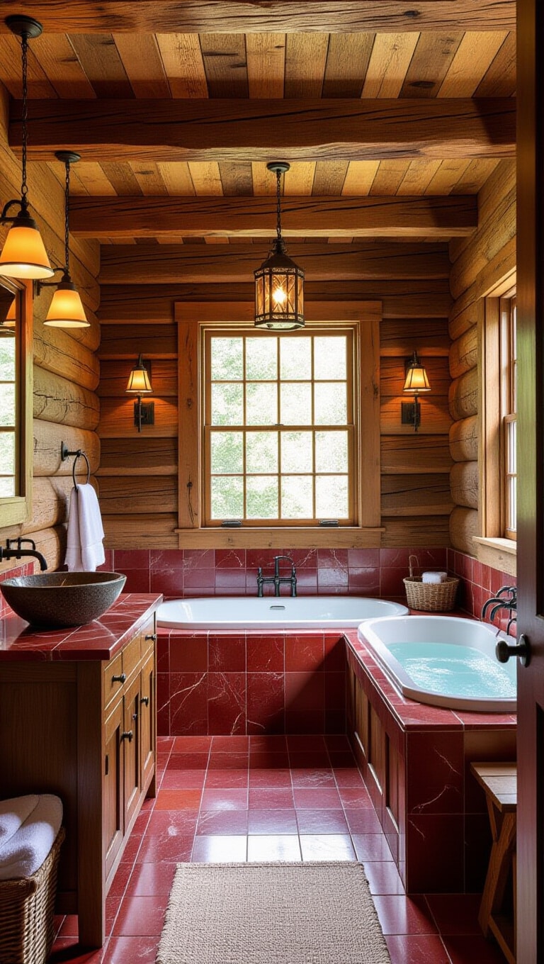 Rustic Red Marble Cabin Bathroom