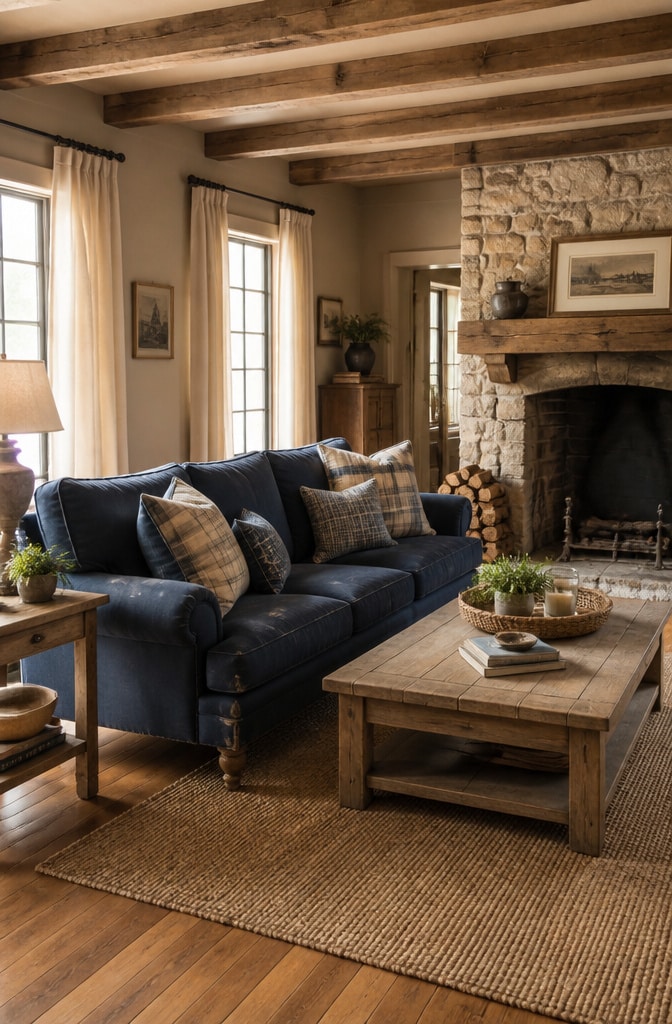 Rustic Taupe and Blue Farmhouse Living Room