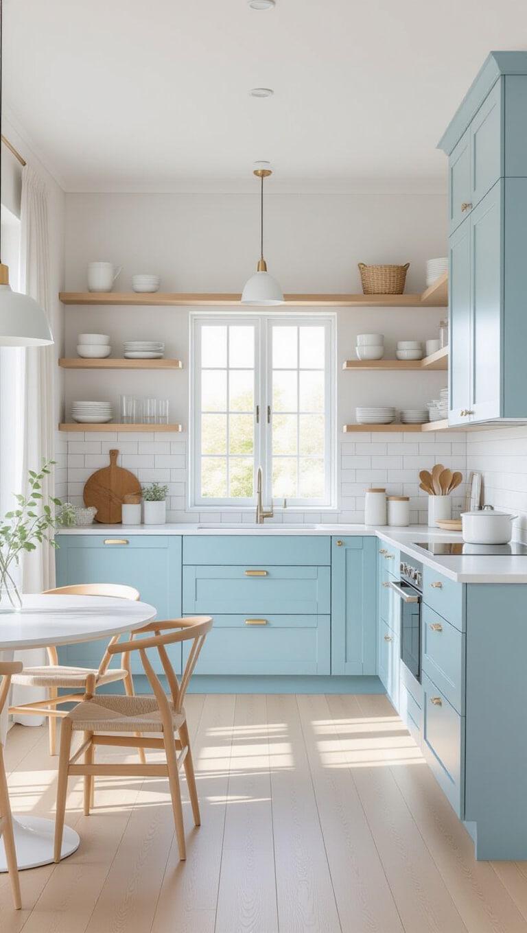Scandinavian Baby Blue Kitchen with Natural Wood