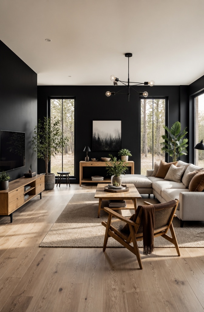 Scandinavian Black and Brown Natural Living Room