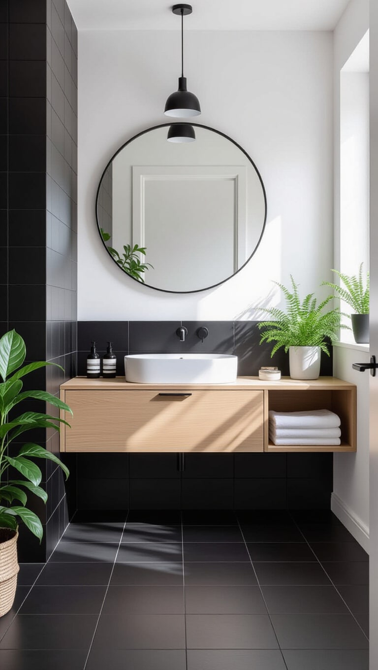 Scandinavian Black Tile Bathroom with Wood Accents