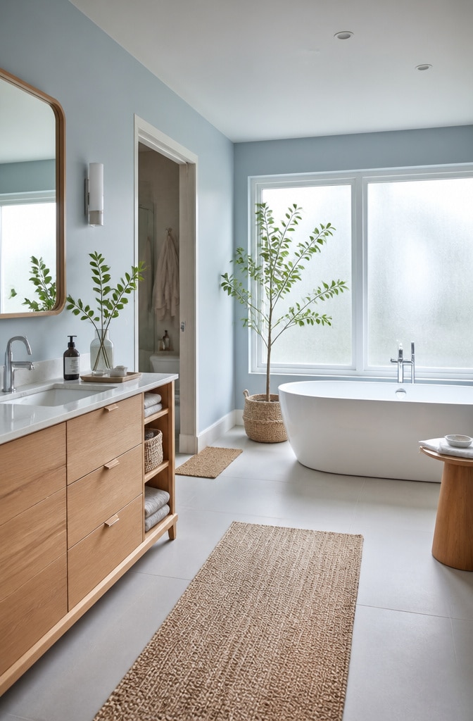 Scandinavian Blue and Brown Bathroom Retreat