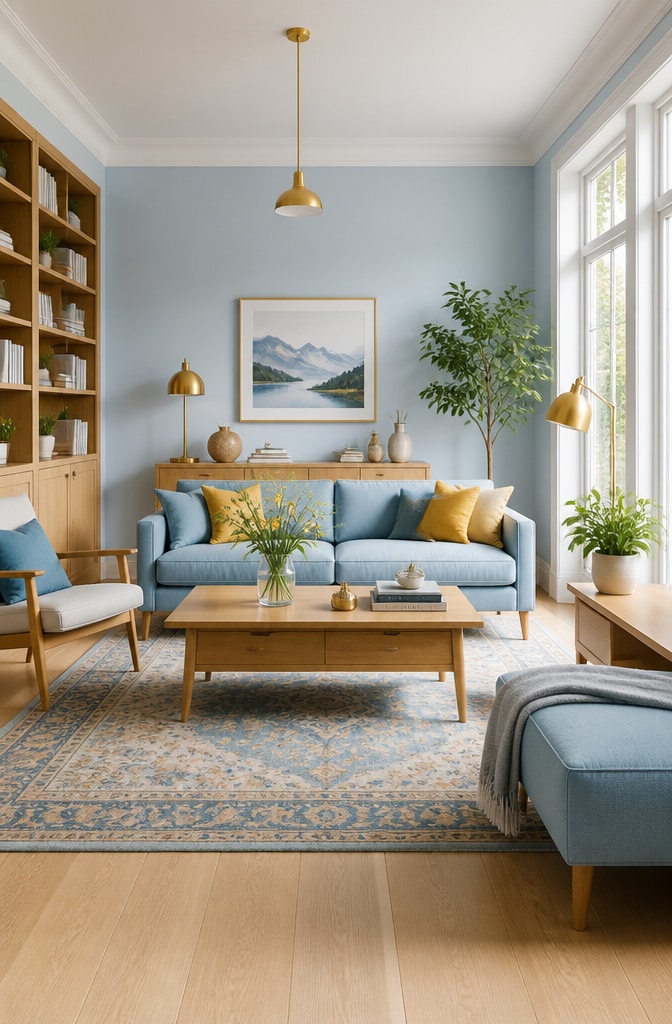 Scandinavian Blue and Gold Cozy Living Room