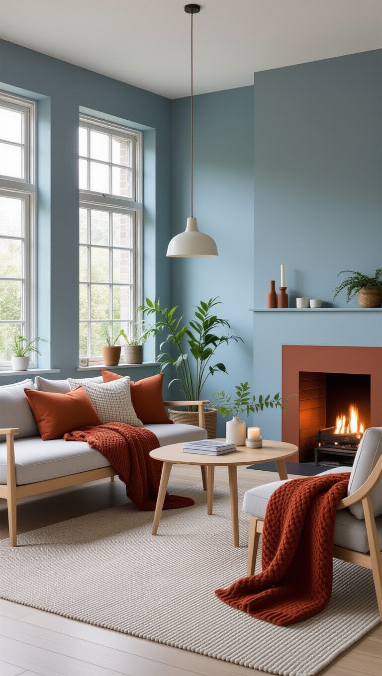 Scandinavian Blue and Rust Hygge Living Room