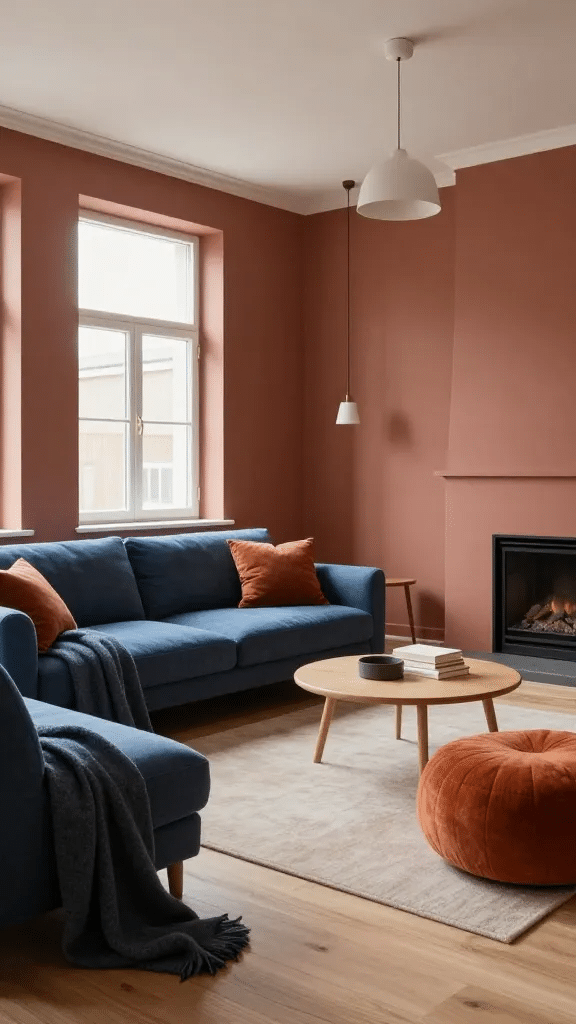 Scandinavian Blue and Terracotta Hygge Living Room