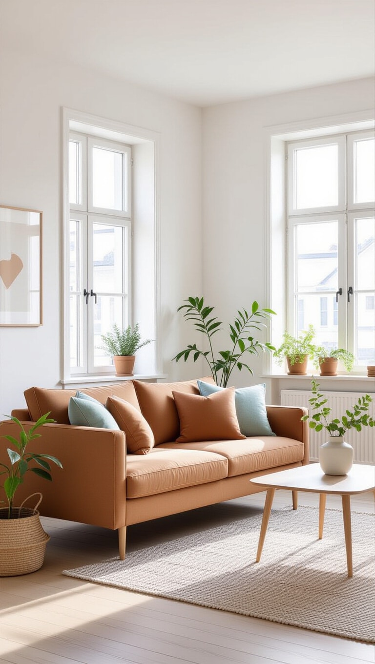 Scandinavian Bright Brown Couch Living Room