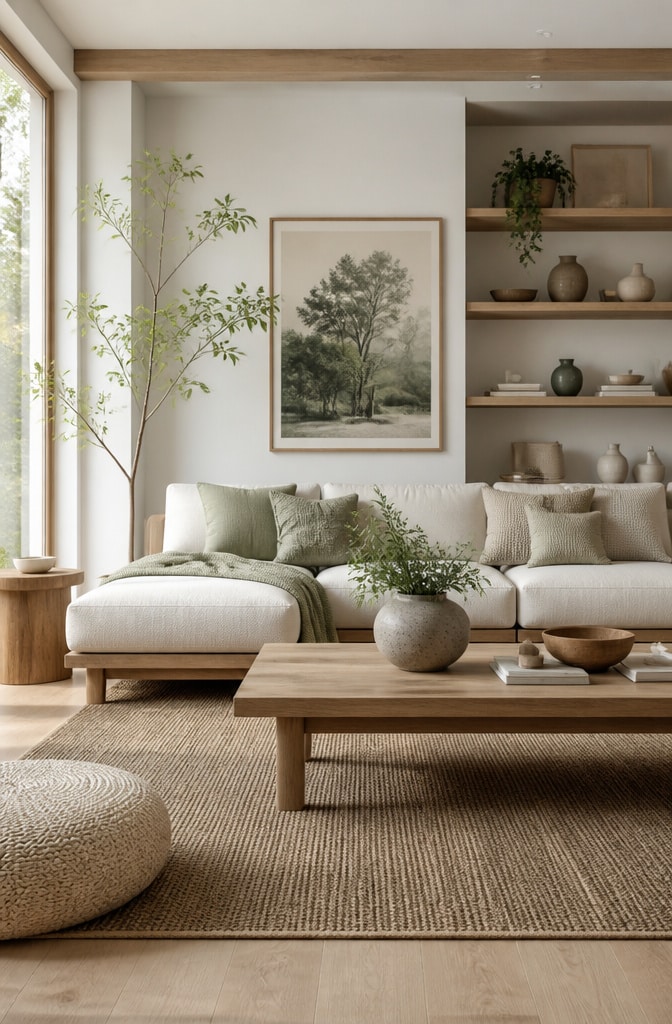 Scandinavian Brown and Green Minimalist Living Room