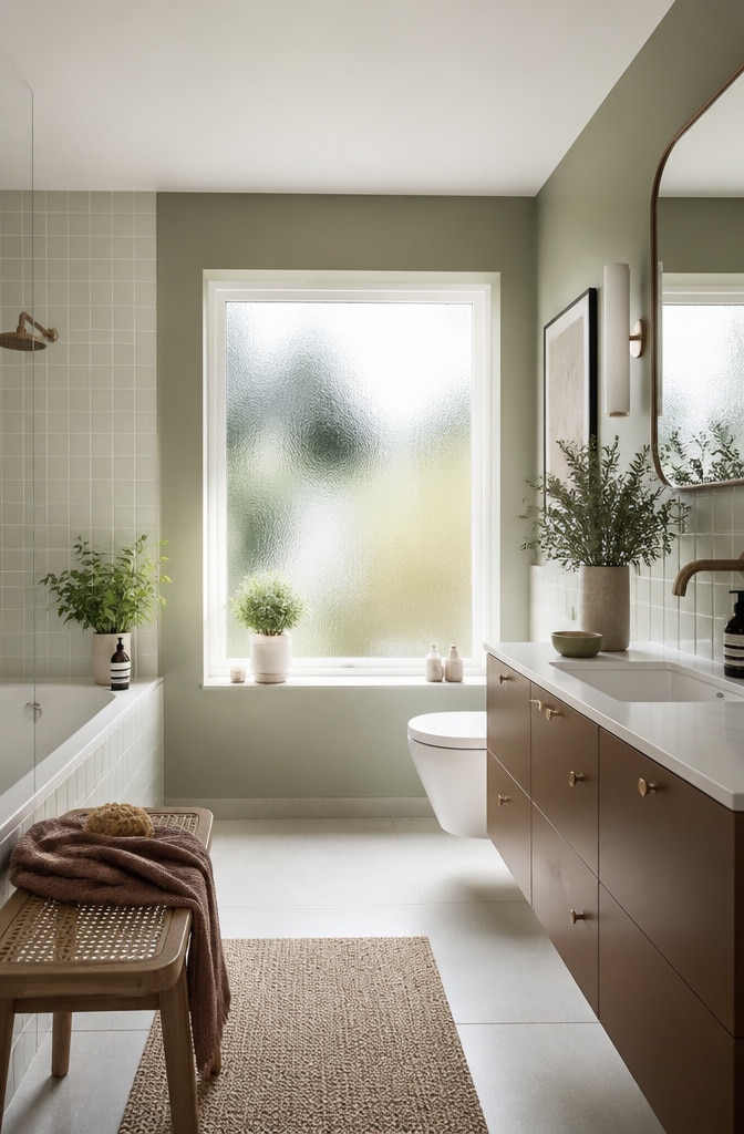 Scandinavian Brown and Green Serene Bathroom