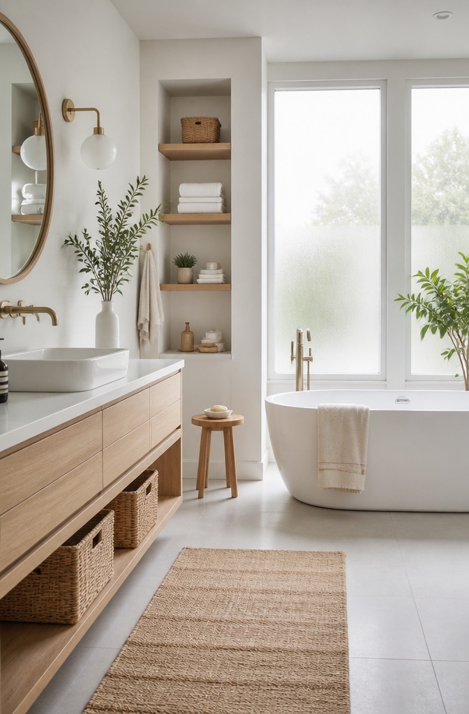 Scandinavian Brown and White Bathroom Retreat